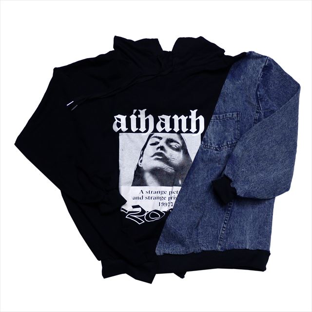 スデニム切替スウェットプルオーバーパーカー