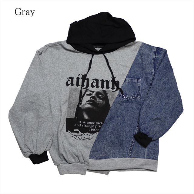 スデニム切替スウェットプルオーバーパーカー