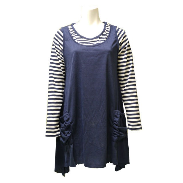 ボーダーフェイクアンサンブル　重ね着風　チュニック　トップス　カジュアル 　長袖　秋物　春物