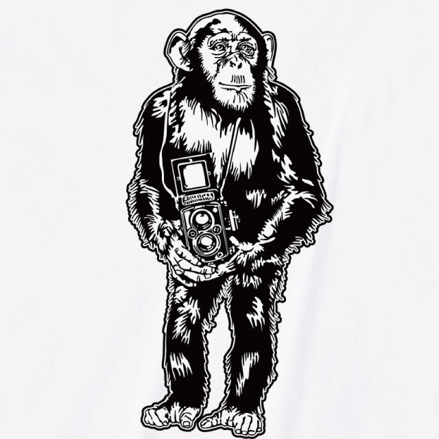 チンパンジーカメラ プリントＴシャツ　動物　アニマル　オリジナル