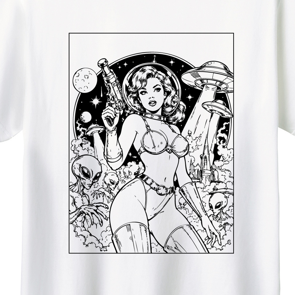 レトロSF UFO エイリアン イラストTシャツ ヴィンテージ アメコミ風 ピンナップガール