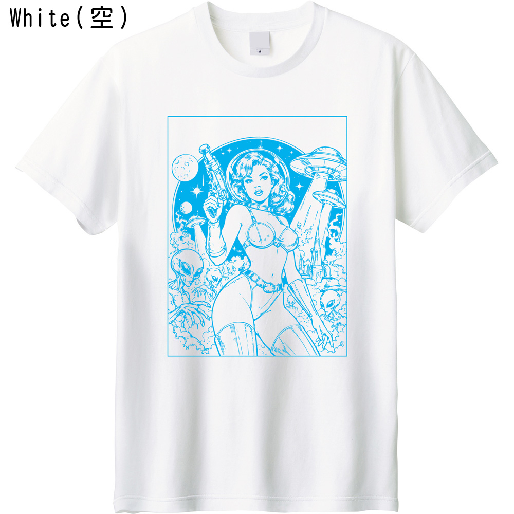 レトロSF UFO エイリアン イラストTシャツ ヴィンテージ アメコミ風 ピンナップガール
