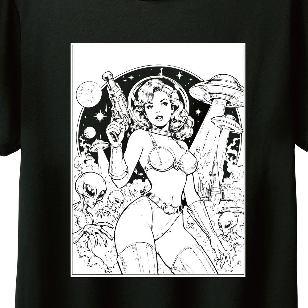 レトロSF UFO エイリアン イラスト 黒 Tシャツ ヴィンテージ アメコミ風 ピンナップガール ブラック