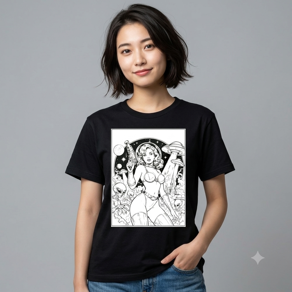 レトロSF UFO エイリアン イラスト 黒 Tシャツ ヴィンテージ アメコミ風 ピンナップガール ブラック
