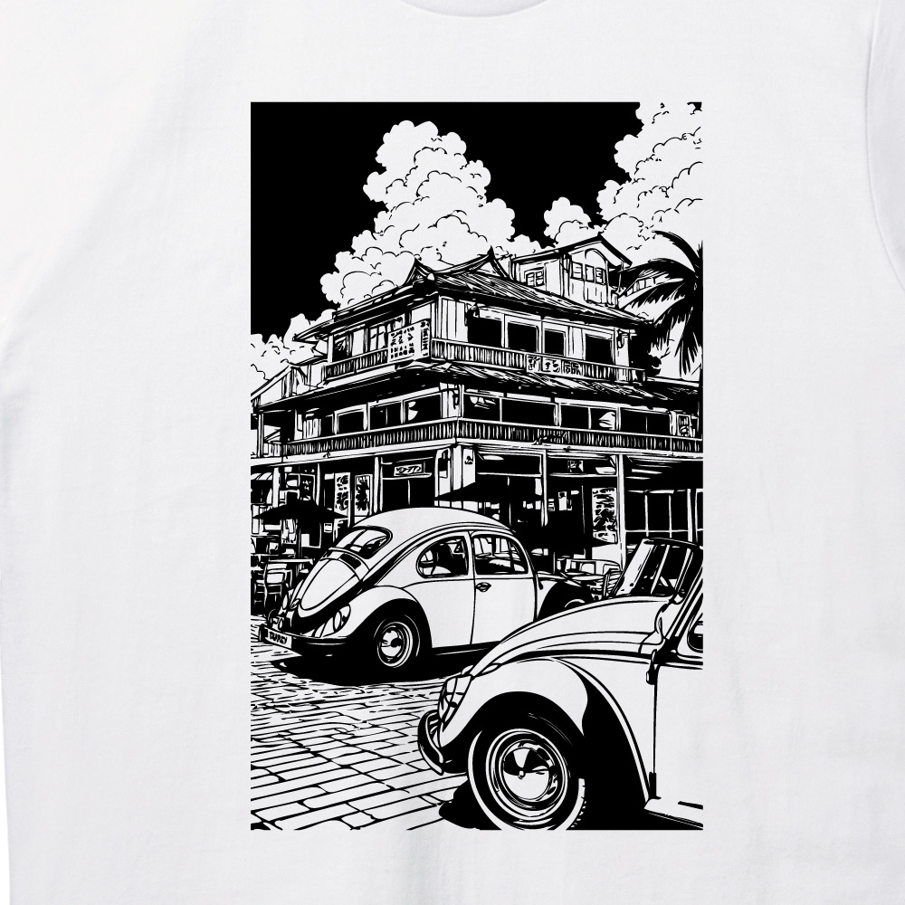 レトロ シティポップ クラシックカー イラスト プリント Tシャツ ユニセックス