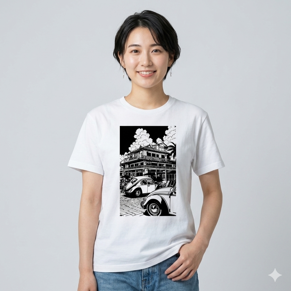レトロ シティポップ クラシックカー イラスト プリント Tシャツ ユニセックス