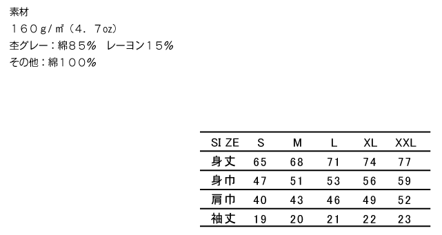 オリジナルプリントTシャツ　1600 Tシャツ サイズ表