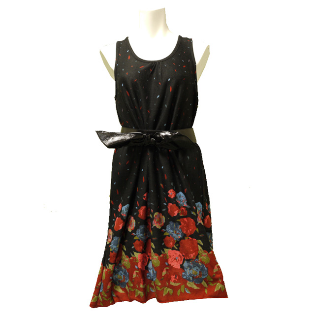 ベルト付きクラシカル花柄ワンピース ノースリーブ　夏　フェミニン