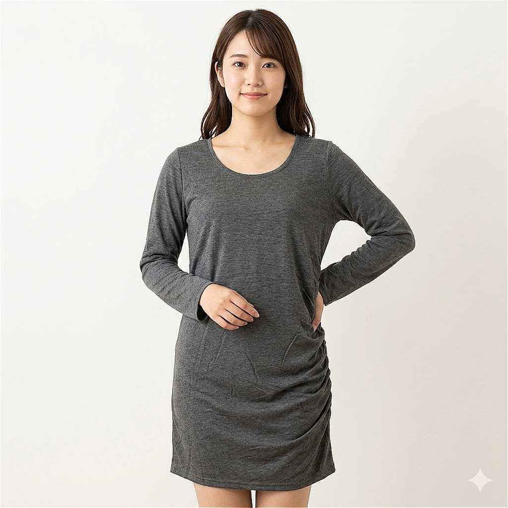 サイドシャーリング 長袖 チュニックワンピース