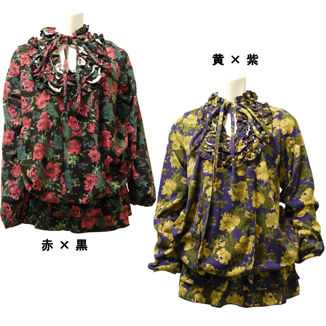 花柄チュニック　長袖　春　初夏　レトロ　クラシカル　体型カバー　ふんわり　ガーリー　カジュアル