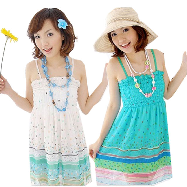 シフォンキャミソールワンピース 夏 ノースリーブ リゾート ガーリー 水玉 チュニック