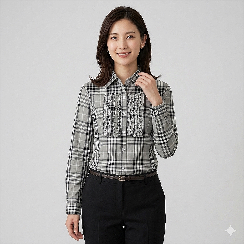 チェック柄 ティアードフリル シャツ 長袖