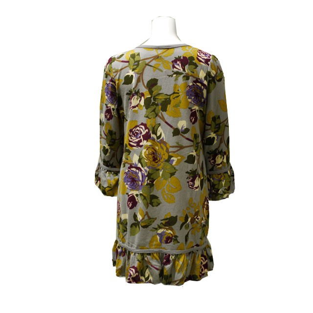 レトロ花柄 チュニック M ゆったり 長袖 秋 冬 フリル裾 細身パンツコーデ